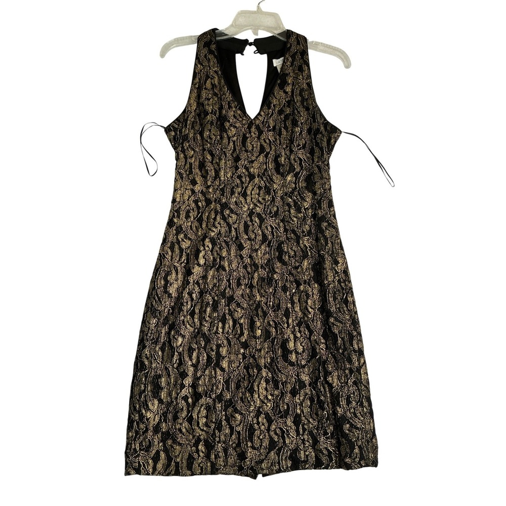 Cache Gold Metallic Lace Halter Dress Black Keyhole Back Cocktail Sheath Size 6 - Picture 2 of 5